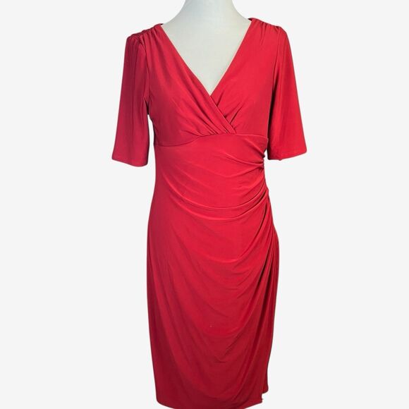 LAUREN Ralph Lauren Surplice Sheath Ruched Dress, Red, Size 10 elbow sleeves - Picture 1 of 7
